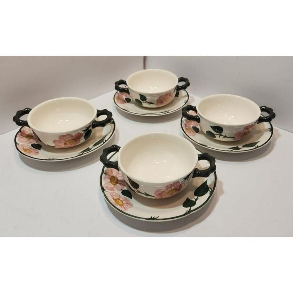 Vtg Villeroy & Boch Wild Rose Cream Soup Bowls 2.25" With Saucers 7.25"